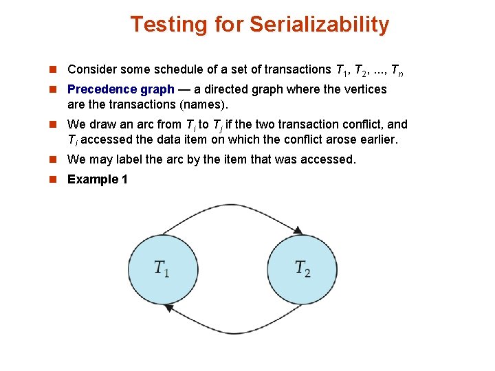 Testing for Serializability n Consider some schedule of a set of transactions T 1,