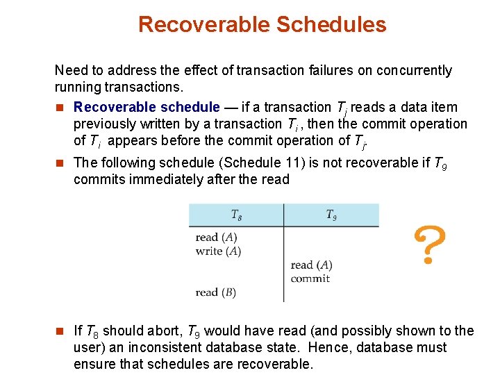 Recoverable Schedules Need to address the effect of transaction failures on concurrently running transactions.