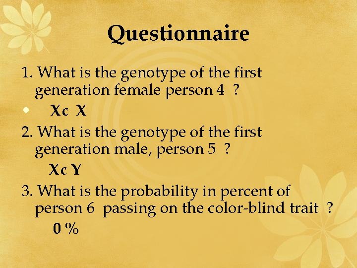 Questionnaire 1. What is the genotype of the first generation female person 4 ?