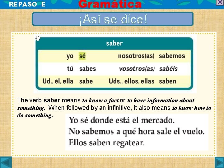 REPASO E Gramática ¡Así se dice! The verb saber means to know a fact