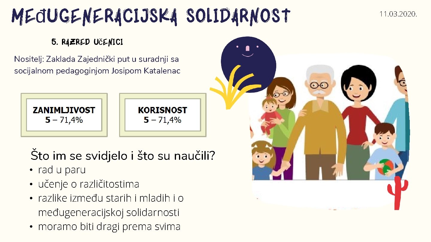 međugeneracijska solidarnost 5. razred učenici Nositelj: Zaklada Zajednički put u suradnji sa socijalnom pedagoginjom