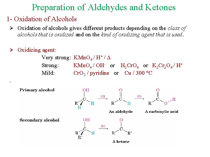 Preparation of Aldehydes and Ketones 1 - Oxidation of Alcohols Ø Oxidation of alcohols