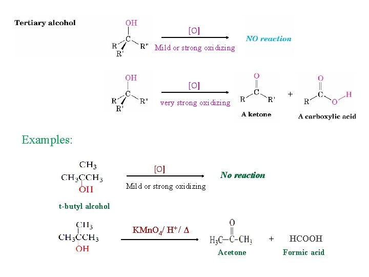 [O] Mild or strong oxidizing [O] + very strong oxidizing Examples: [O] No reaction
