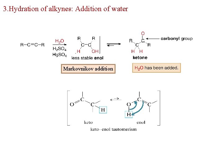 3. Hydration of alkynes: Addition of water Markovnikov addition 