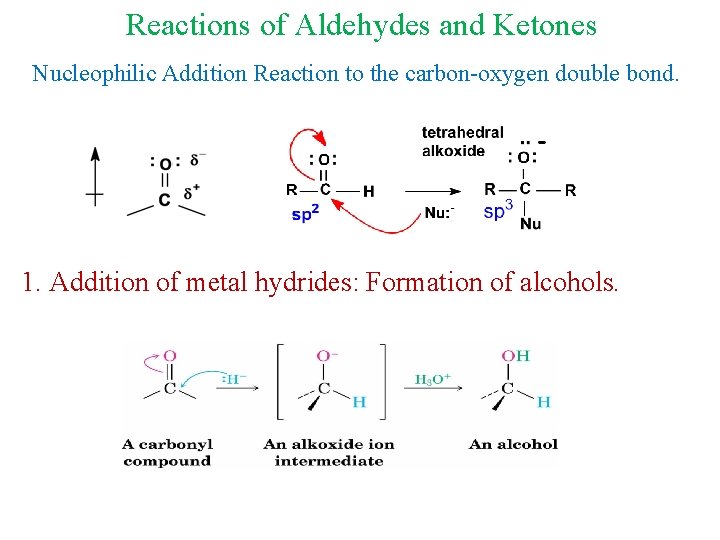 Reactions of Aldehydes and Ketones Nucleophilic Addition Reaction to the carbon-oxygen double bond. 1.