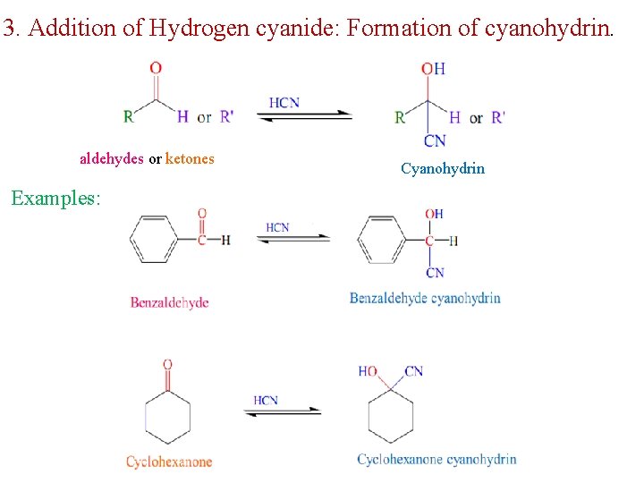 3. Addition of Hydrogen cyanide: Formation of cyanohydrin. aldehydes or ketones Examples: Cyanohydrin 