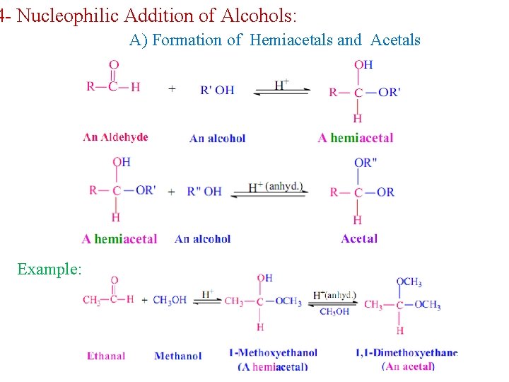 4 - Nucleophilic Addition of Alcohols: A) Formation of Hemiacetals and Acetals Example: 