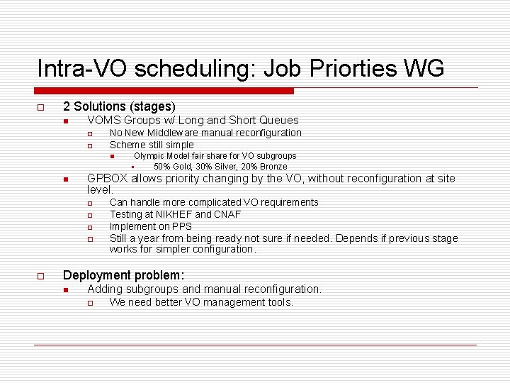Intra-VO scheduling: Job Priorties WG o 2 Solutions (stages) n VOMS Groups w/ Long