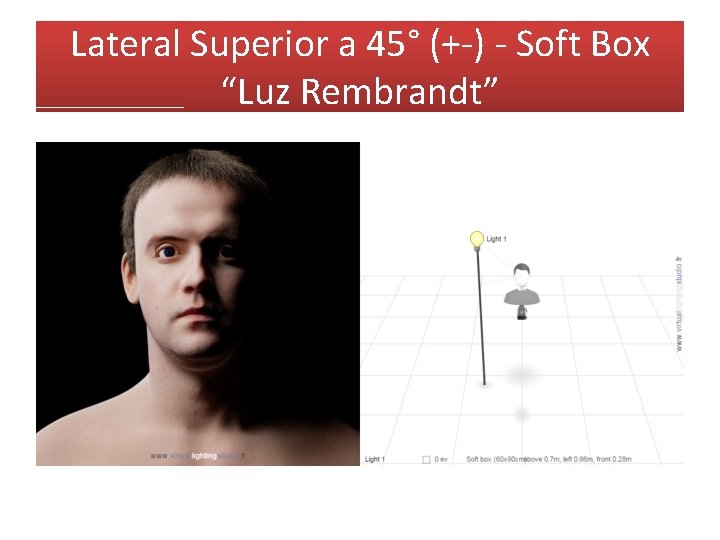 Lateral Superior a 45° (+-) - Soft Box “Luz Rembrandt” 