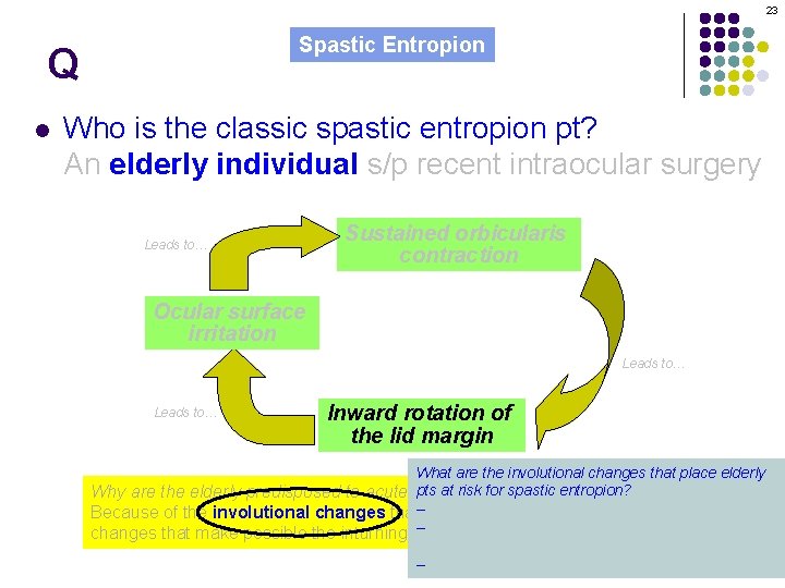 23 Spastic Entropion Q l Who is the classic spastic entropion pt? An elderly