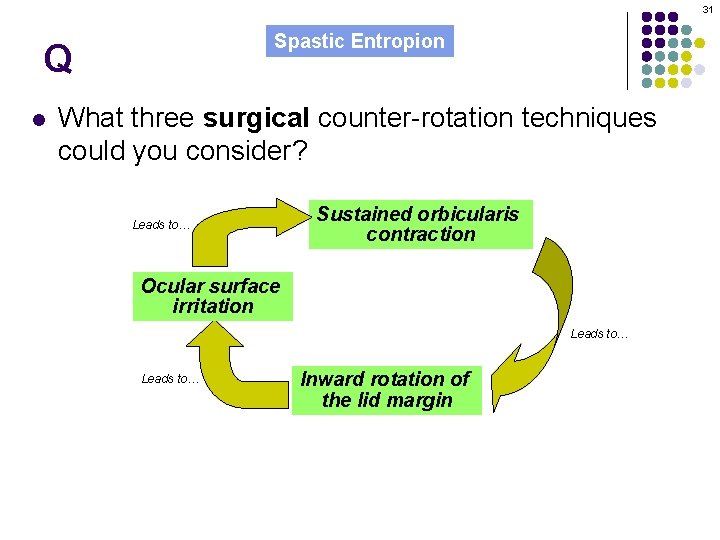 31 Spastic Entropion Q l What three surgical counter-rotation techniques could you consider? Leads