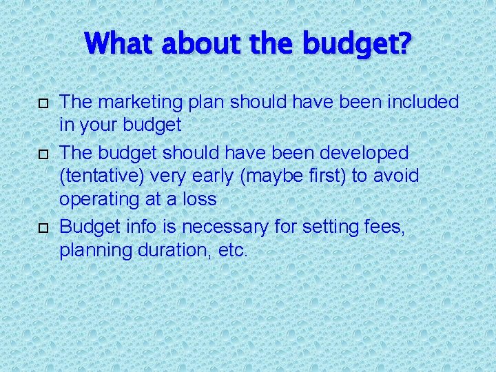 What about the budget? The marketing plan should have been included in your budget