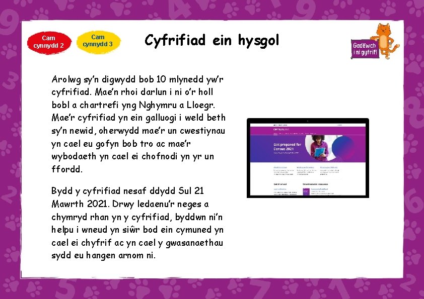 Cam cynnydd 2 Cam cynnydd 3 Cyfrifiad ein hysgol Arolwg sy’n digwydd bob 10