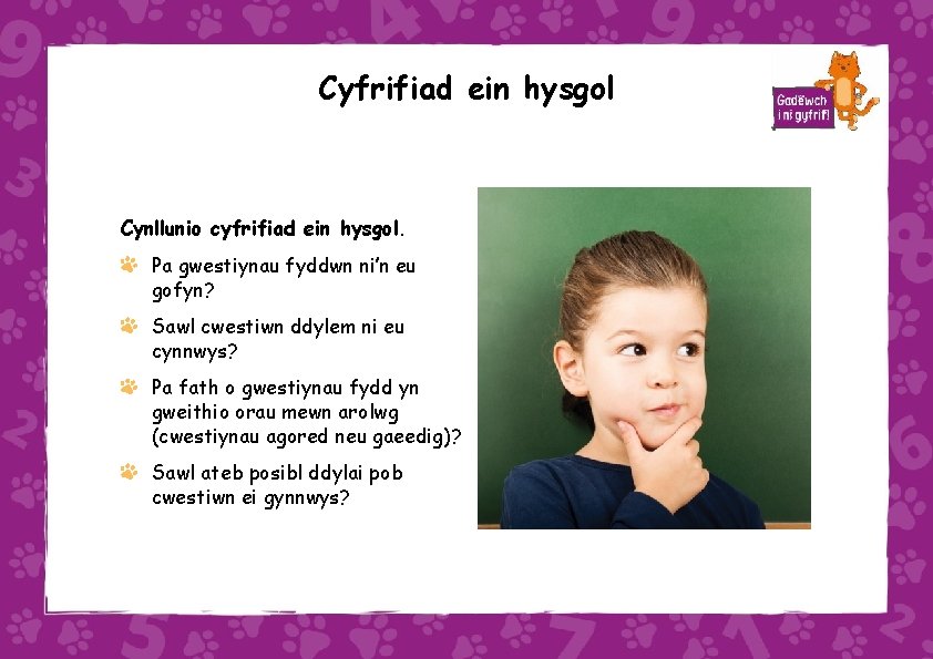 Cyfrifiad ein hysgol Cynllunio cyfrifiad ein hysgol. Pa gwestiynau fyddwn ni’n eu gofyn? Sawl