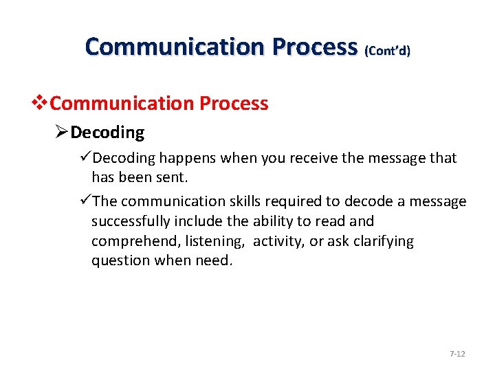 Communication Process (Cont’d) v. Communication Process ØDecoding üDecoding happens when you receive the message