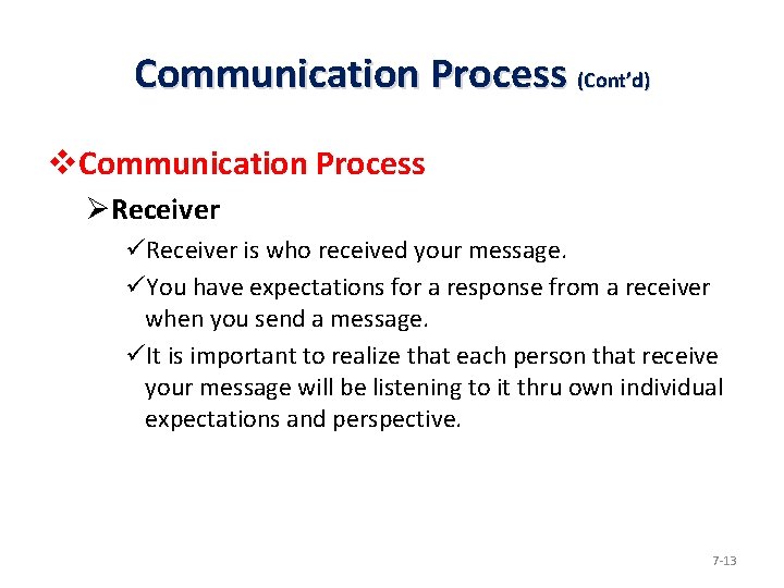 Communication Process (Cont’d) v. Communication Process ØReceiver üReceiver is who received your message. üYou
