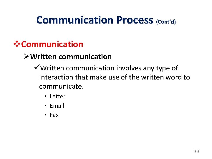 Communication Process (Cont’d) v. Communication ØWritten communication üWritten communication involves any type of interaction