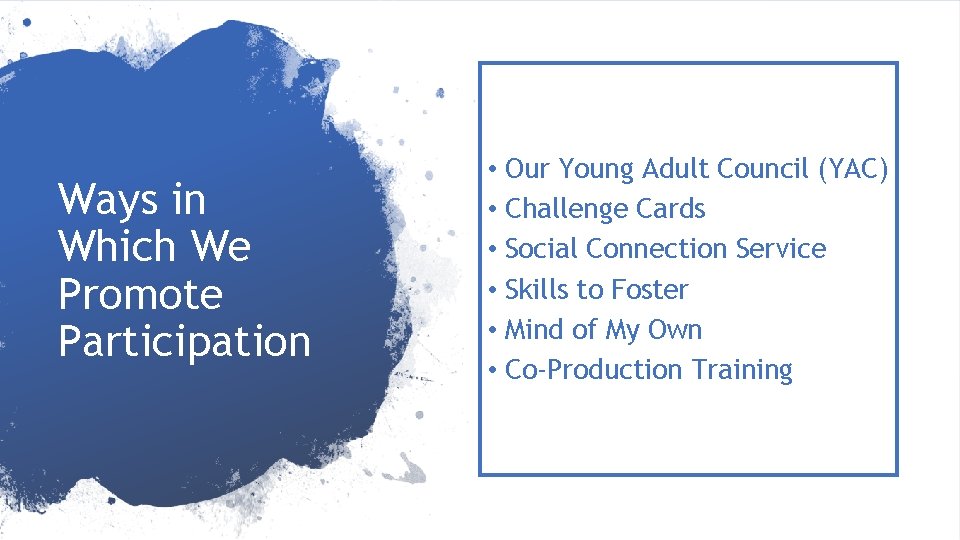 Ways in Which We Promote Participation • Our Young Adult Council (YAC) • Challenge