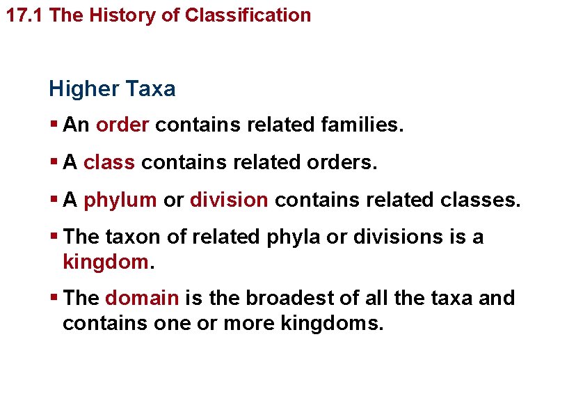 Organizingof Life’s Diversity 17. 1 The History Classification Higher Taxa § An order contains