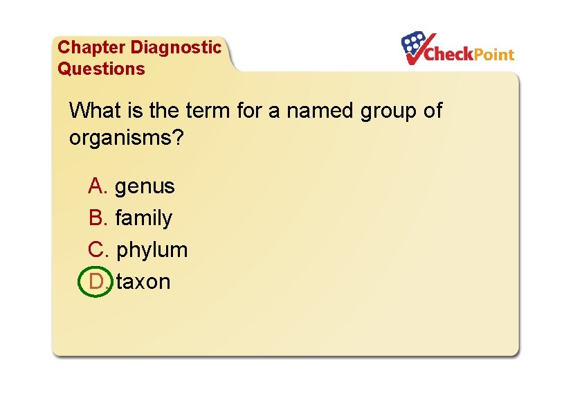 Organizing Life’s Diversity Chapter Diagnostic Questions What is the term for a named group