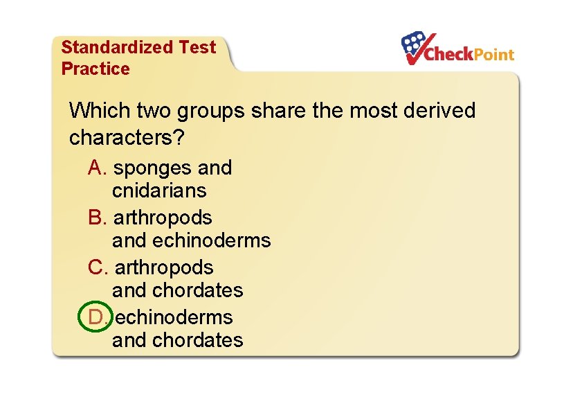 Organizing Life’s Diversity Standardized Test Practice Which two groups share the most derived characters?