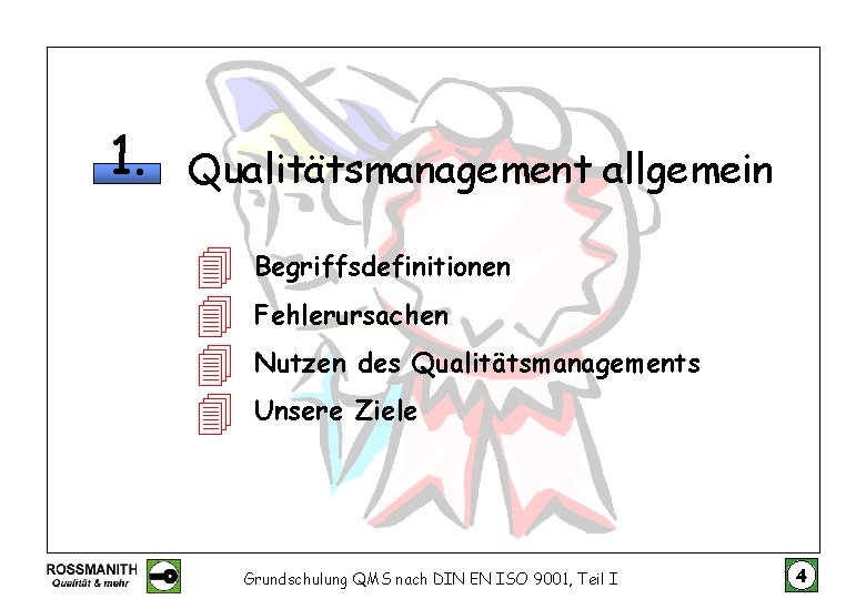 1. Qualitätsmanagement allgemein Begriffsdefinitionen Fehlerursachen Nutzen des Qualitätsmanagements Unsere Ziele Grundschulung QMS nach DIN