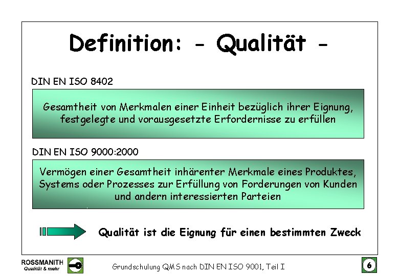 Definition: - Qualität DIN EN ISO 8402 Gesamtheit von Merkmalen einer Einheit bezüglich ihrer