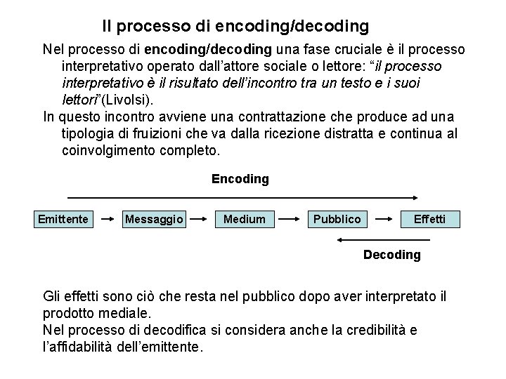 Il processo di encoding/decoding Nel processo di encoding/decoding una fase cruciale è il processo