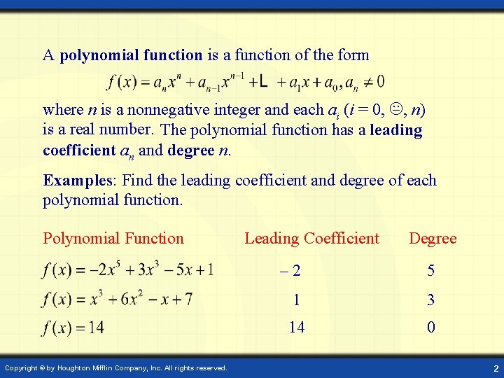 A polynomial function is a function of the form where n is a nonnegative