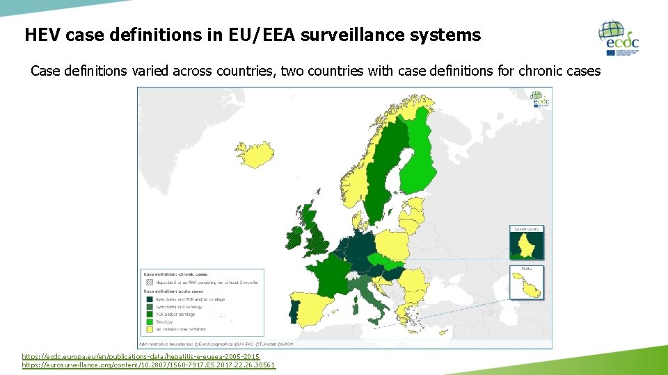 HEV case definitions in EU/EEA surveillance systems Case definitions varied across countries, two countries