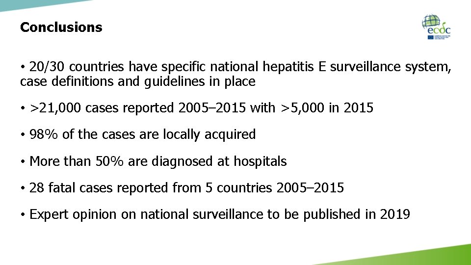 Conclusions • 20/30 countries have specific national hepatitis E surveillance system, case definitions and