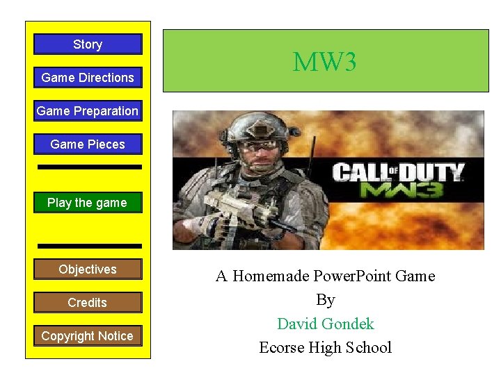 Story Game Directions MW 3 Game Preparation Game Pieces Play the game Objectives Credits