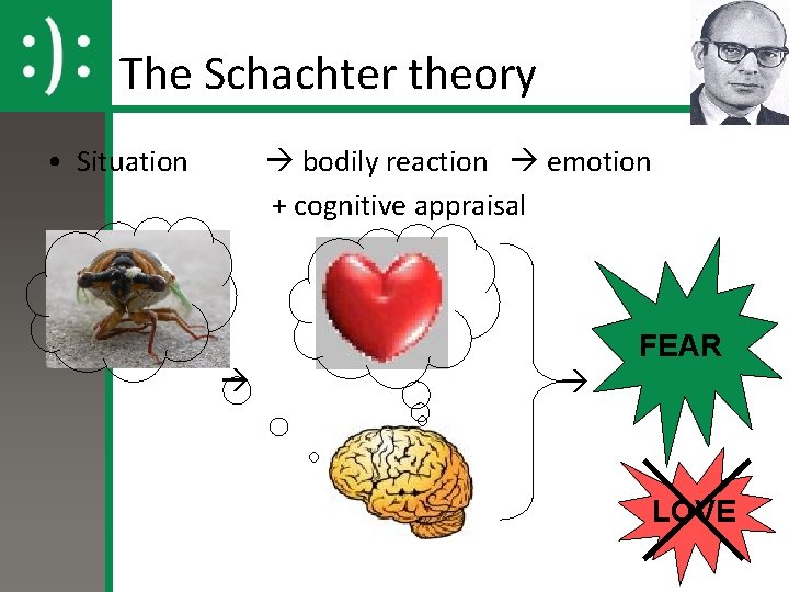 The Schachter theory • Situation bodily reaction emotion + cognitive appraisal FEAR LOVE 