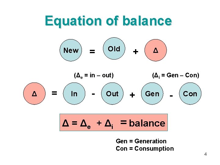 Equation of balance New = Old + (Δe = in – out) Δ =