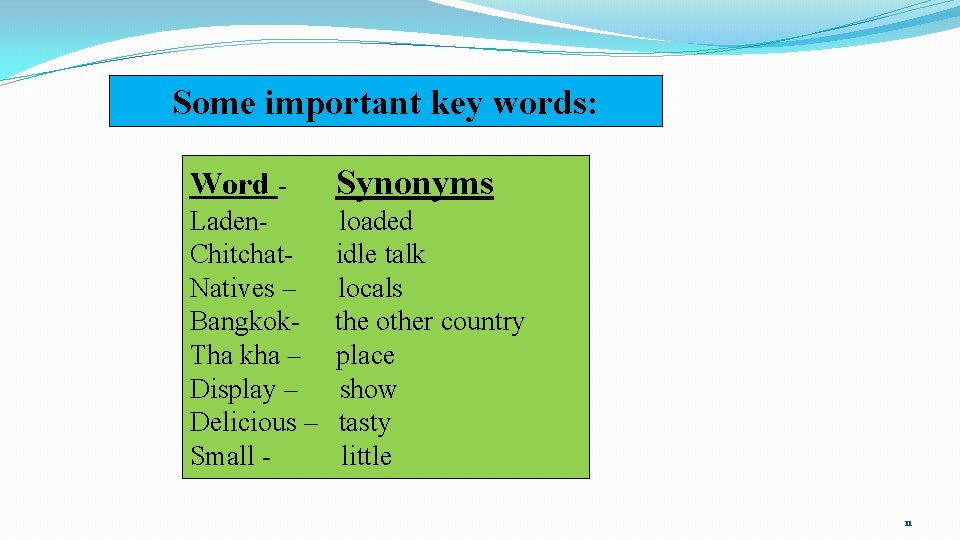 Some important key words: Word - Synonyms Laden. Chitchat. Natives – Bangkok. Tha kha