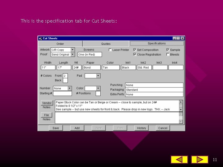 This is the specification tab for Cut Sheets: 11 