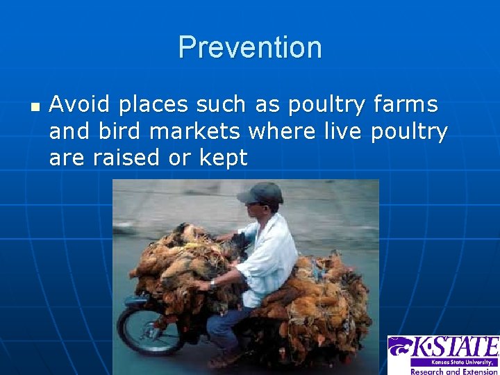 Prevention n Avoid places such as poultry farms and bird markets where live poultry