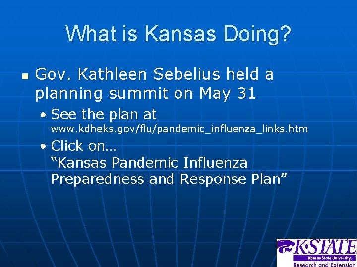 What is Kansas Doing? n Gov. Kathleen Sebelius held a planning summit on May