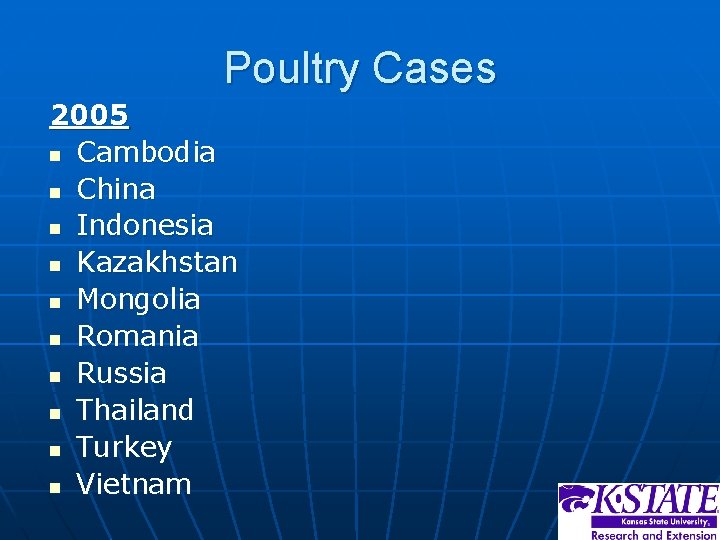 Poultry Cases 2005 n Cambodia n China n Indonesia n Kazakhstan n Mongolia n