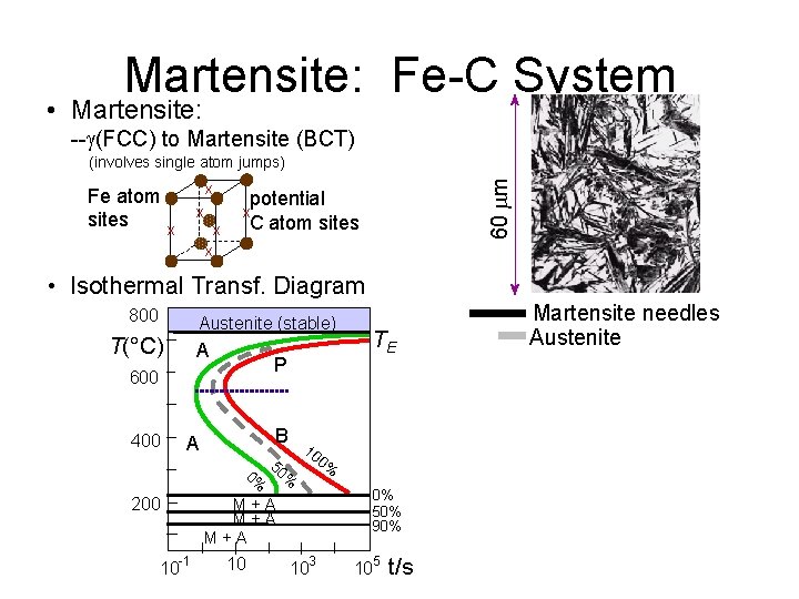 Martensite: Fe-C System • Martensite: --g(FCC) to Martensite (BCT) Fe atom sites x x