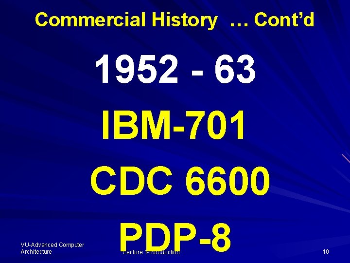 Commercial History … Cont’d VU-Advanced Computer Architecture 1952 - 63 IBM-701 CDC 6600 PDP-8