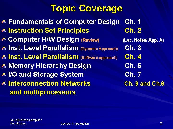 Topic Coverage Fundamentals of Computer Design Instruction Set Principles Computer H/W Design (Review) Inst.