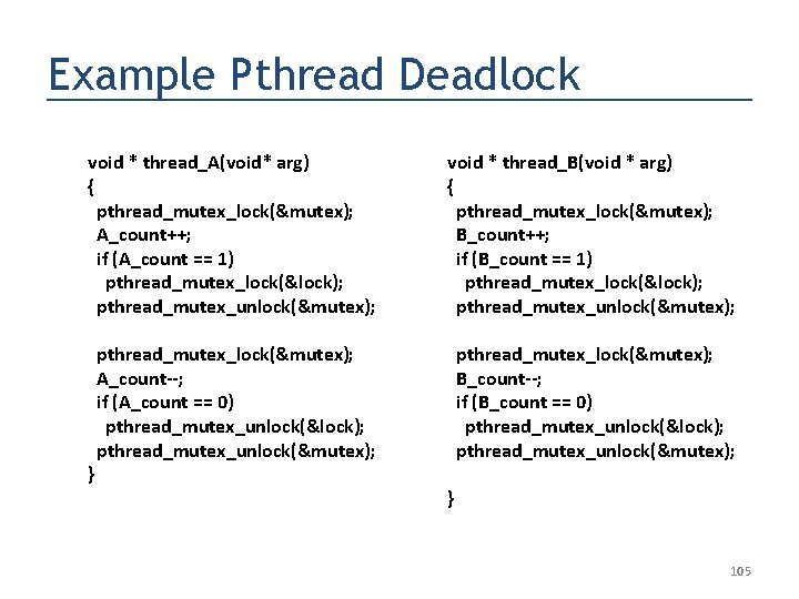 Example Pthread Deadlock void * thread_A(void* arg) { pthread_mutex_lock(&mutex); A_count++; if (A_count == 1)
