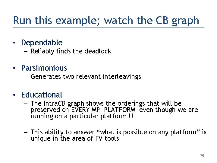 Run this example; watch the CB graph • Dependable – Reliably finds the deadlock