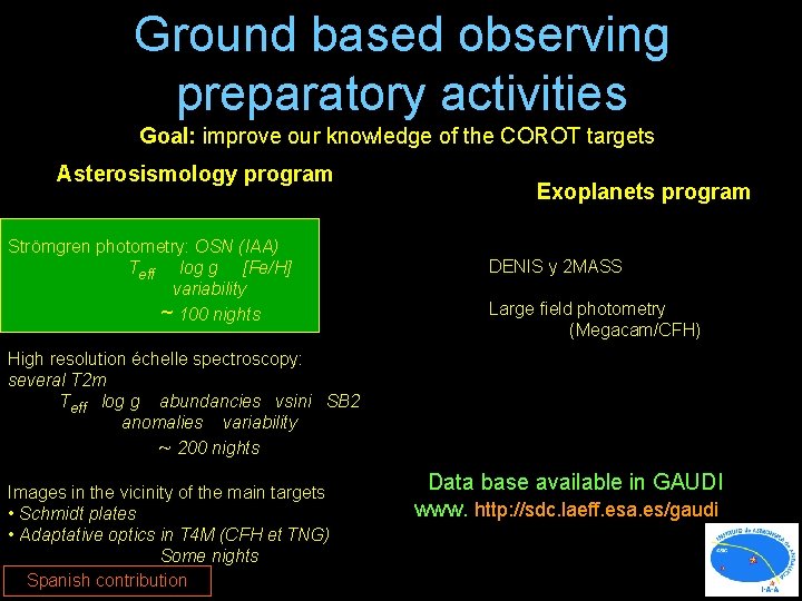 Ground based observing preparatory activities Goal: improve our knowledge of the COROT targets Asterosismology