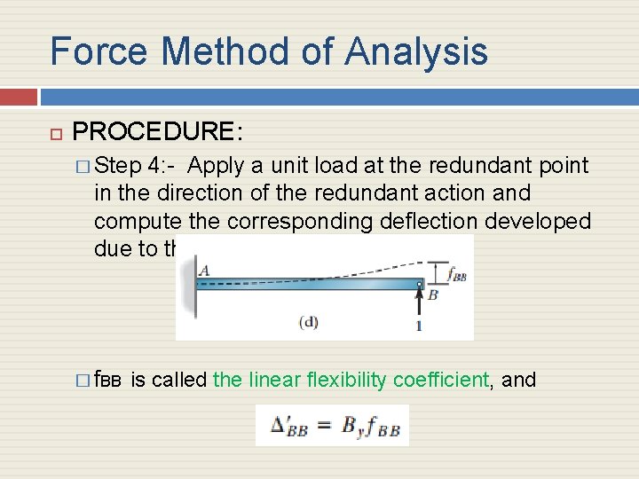 Force Method of Analysis PROCEDURE: � Step 4: - Apply a unit load at