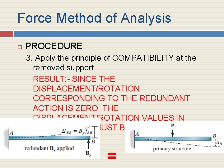 Force Method of Analysis PROCEDURE 3. Apply the principle of COMPATIBILITY at the removed