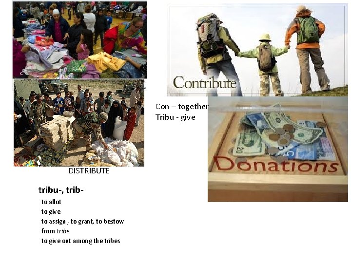 Con – together Tribu - give DISTRIBUTE tribu-, tribto allot to give to assign
