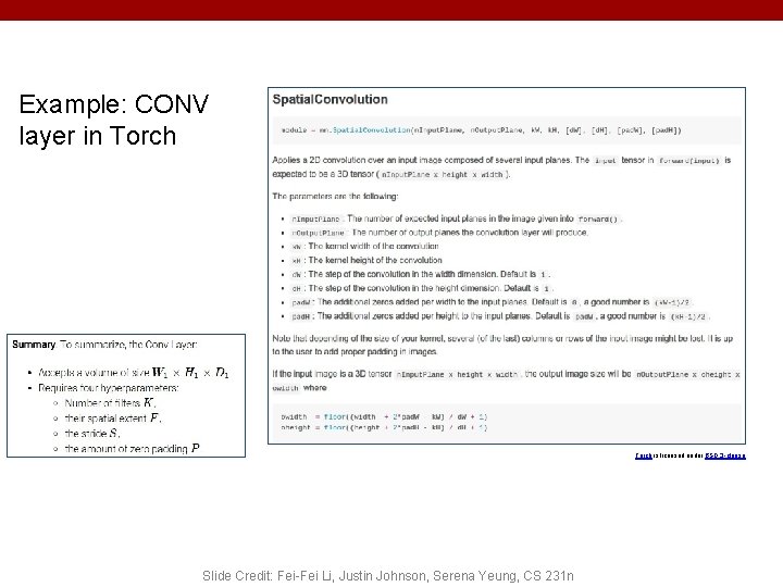 Example: CONV layer in Torch is licensed under BSD 3 -clause. Slide Credit: Fei-Fei