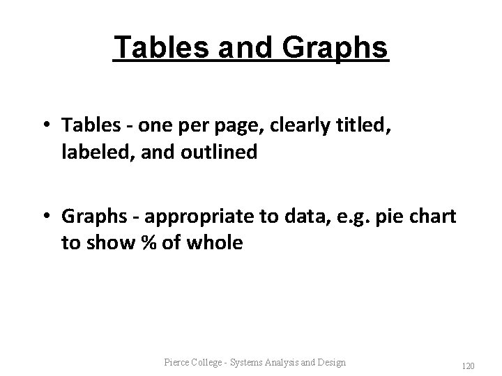 Tables and Graphs • Tables - one per page, clearly titled, labeled, and outlined